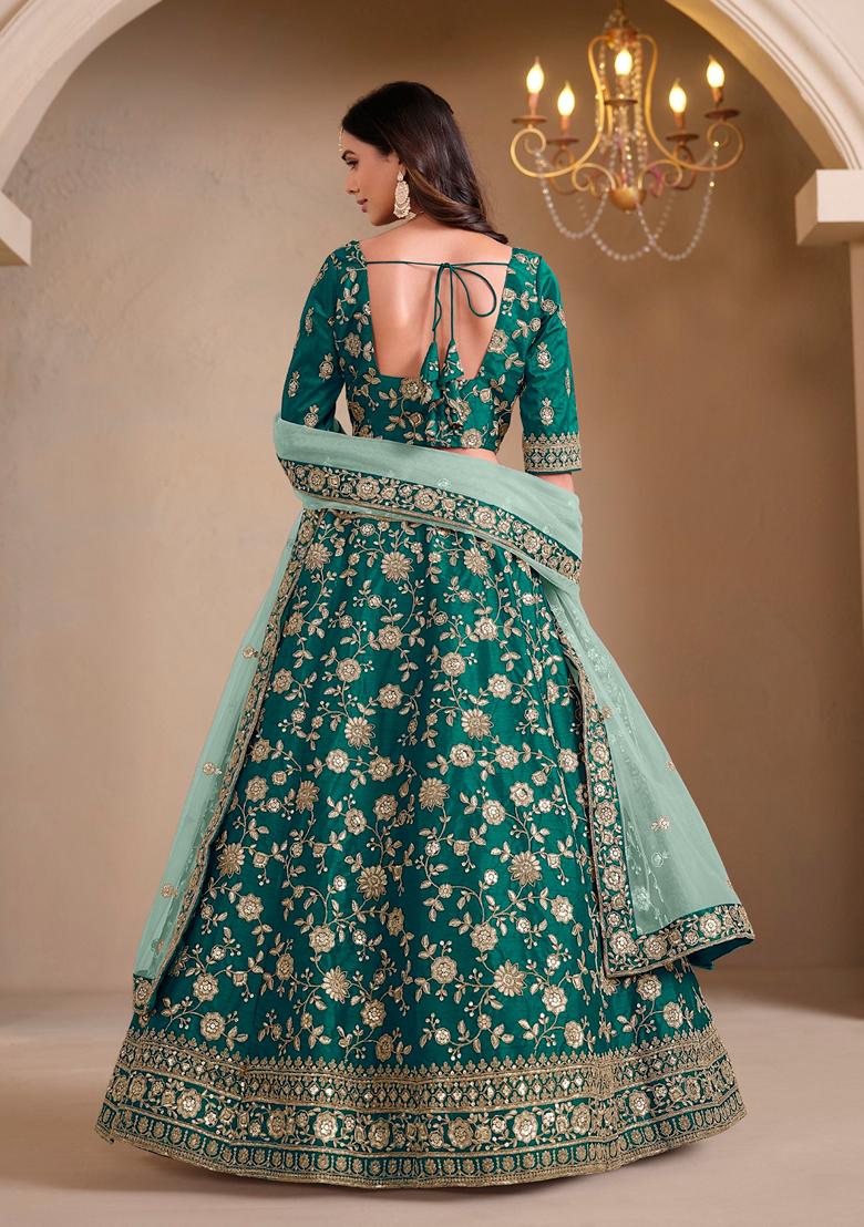 Green Embroidered Crepe Lehenga Set