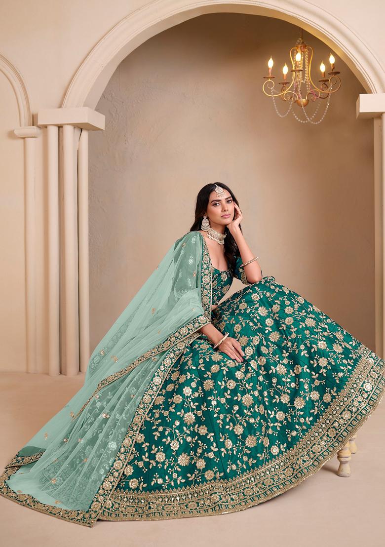 Green Embroidered Crepe Lehenga Set