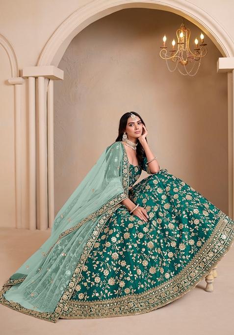 Green Embroidered Crepe Lehenga Set
