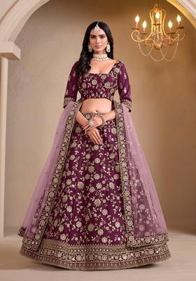 Maroon Embroidered Crepe Lehenga Set