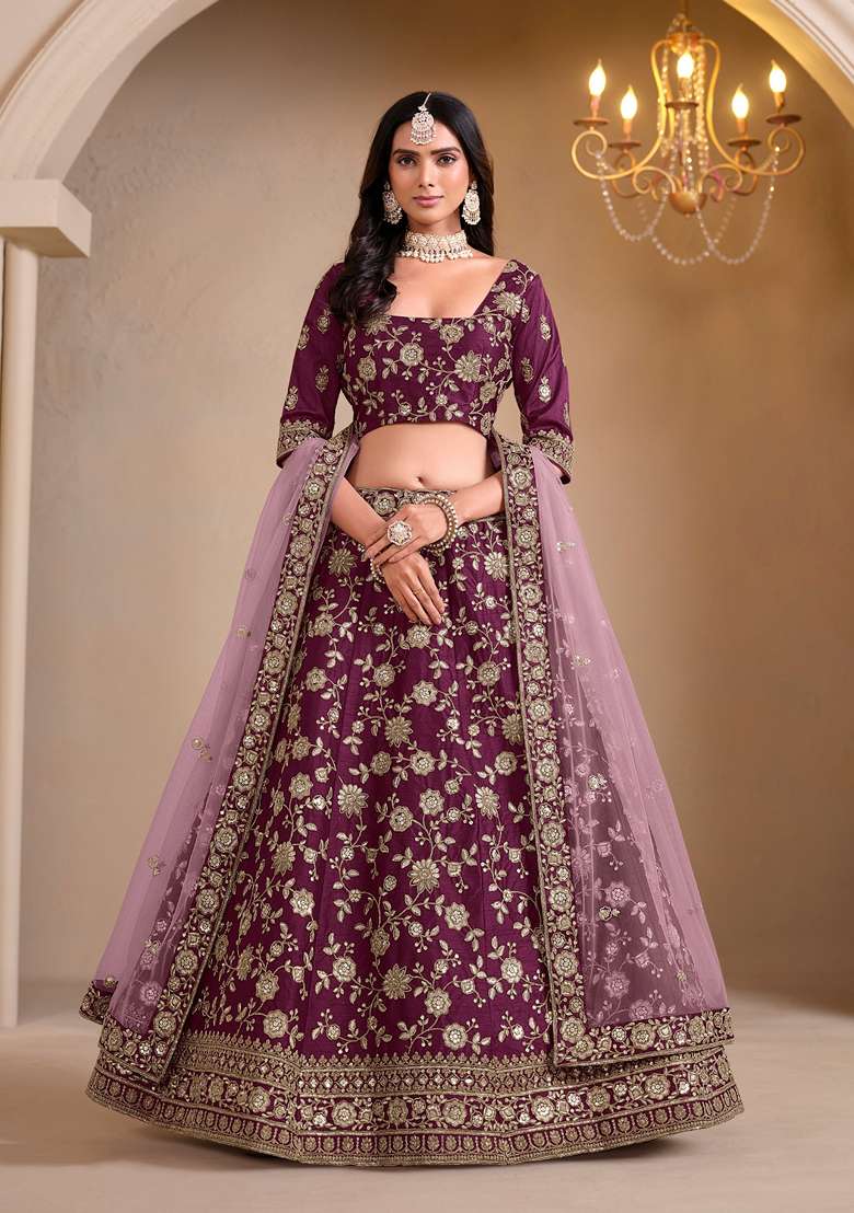 Maroon Crepe Lehenga Set with Embroidered for Diwali | Wedding & Festive Wear - Indya