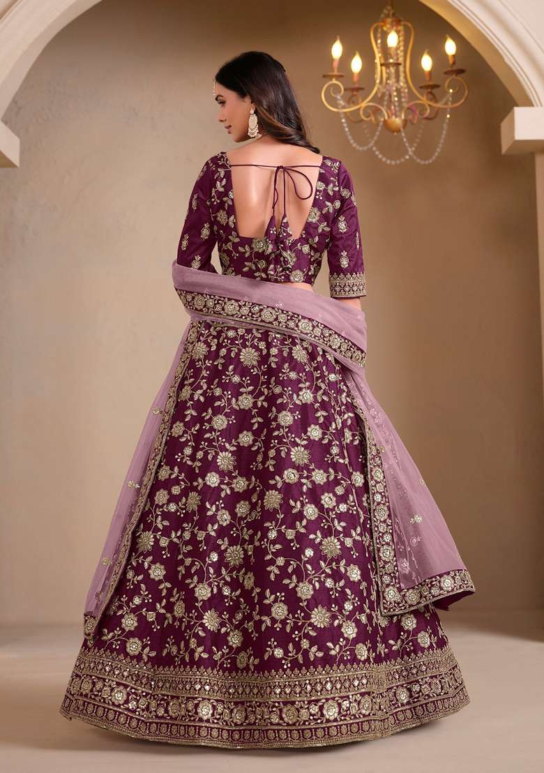 Maroon Crepe Lehenga Set with Embroidered for Diwali | Wedding & Festive Wear - Indya