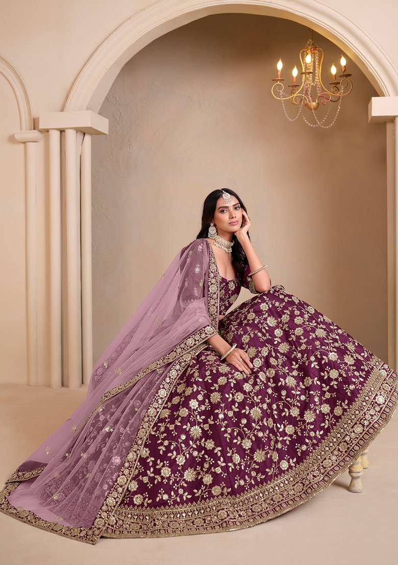 Maroon Crepe Lehenga Set with Embroidered for Diwali | Wedding & Festive Wear - Indya