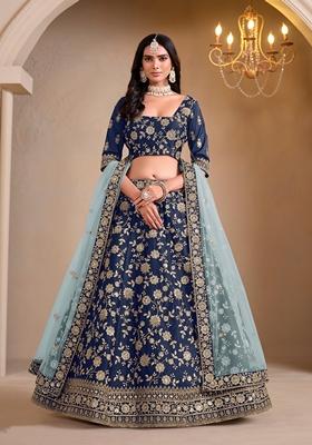 Navy Blue Embroidered Crepe Lehenga Set