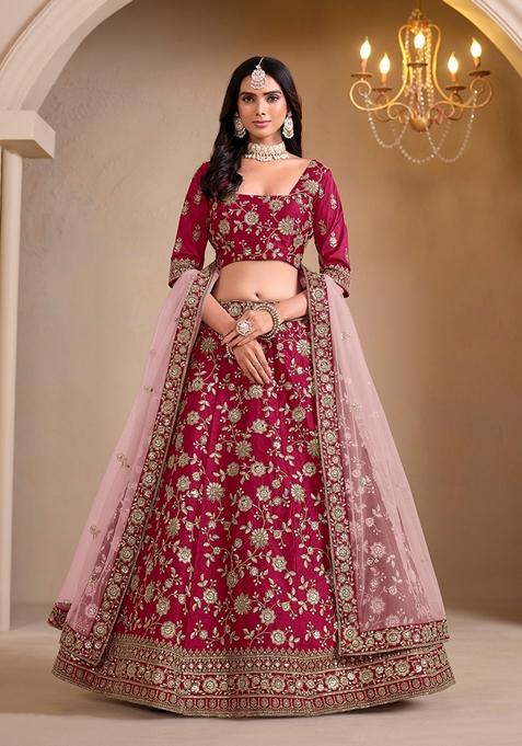 Red Embroidered Crepe Lehenga Set