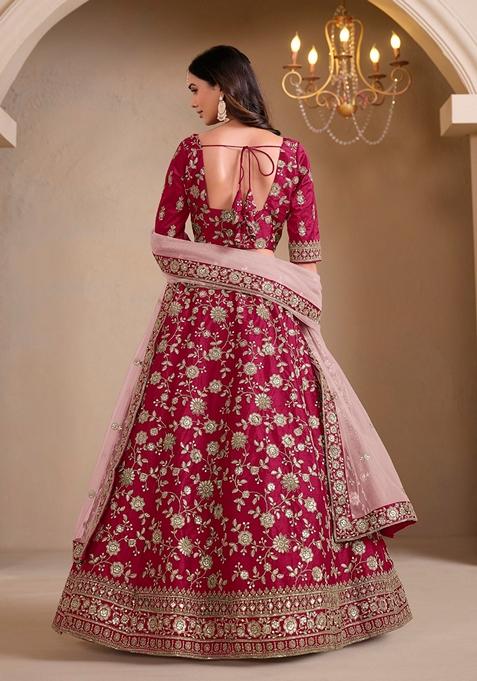 Red Embroidered Crepe Lehenga Set