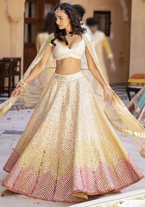 Cream Thread Embroidered Georgette Lehenga Set