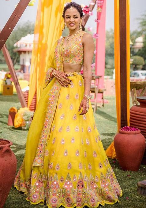 Yellow Thread Embroidered Georgette Lehenga Set