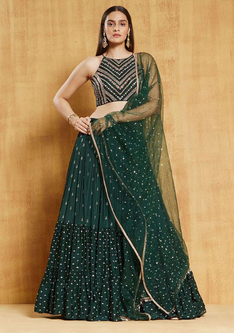Bottle Green Thread Georgette Lehenga Set with Embroidered for Diwali | Wedding & Festive Wear - Indya