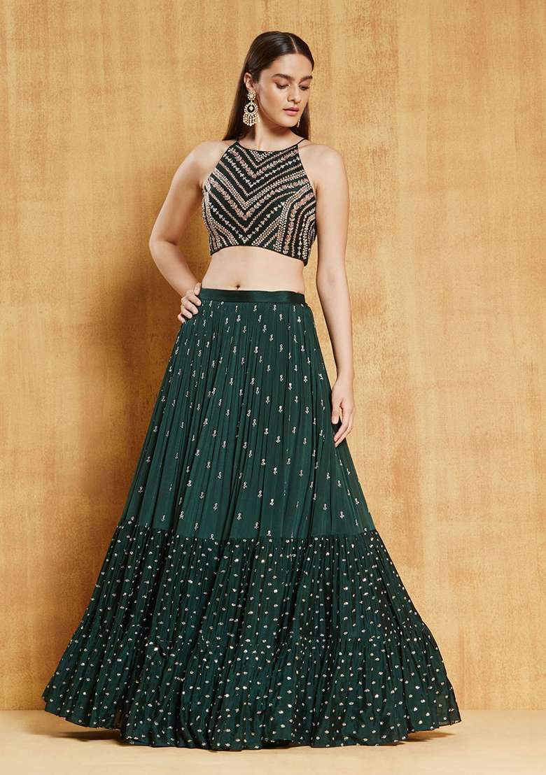 Bottle Green Thread Georgette Lehenga Set with Embroidered for Diwali | Wedding & Festive Wear - Indya