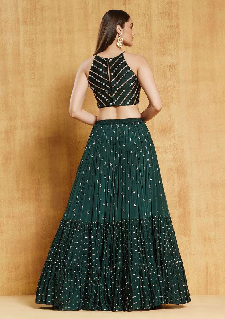 Bottle Green Thread Georgette Lehenga Set with Embroidered for Diwali | Wedding & Festive Wear - Indya