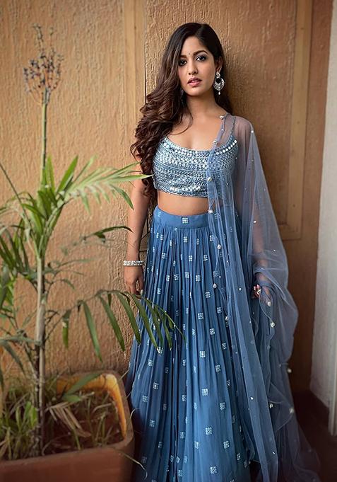 blue georgette lehenga set main image 1