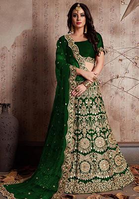 Green Sequin Zari Embroidered Velvet Lehenga Set
