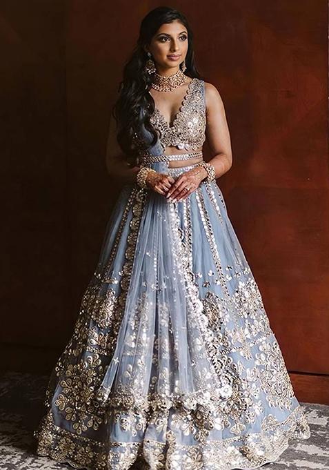 Grey Mirror Zari Embroidered Net Lehenga Set