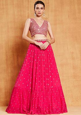 Rani Pink Sequin Zari Embroidered Georgette Lehenga Set