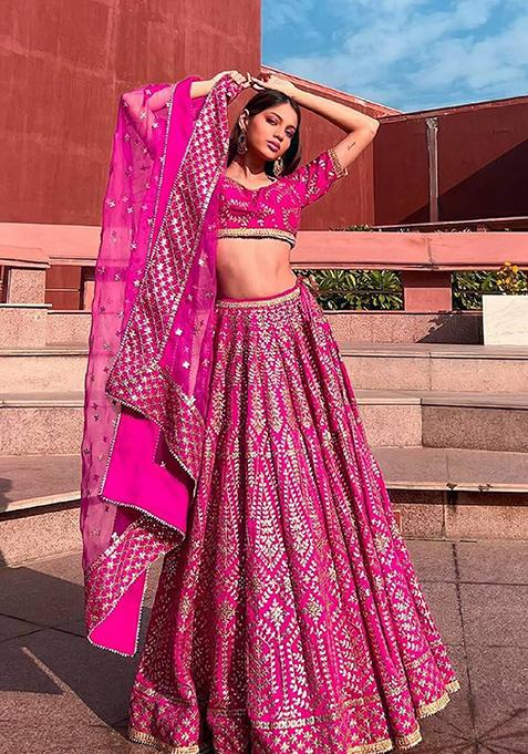 Wine maroon zari dori embroidered raw silk lehenga set main image 1