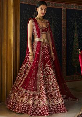Maroon Sequin Zari Embroidered Taffeta Satin Silk Lehenga Set