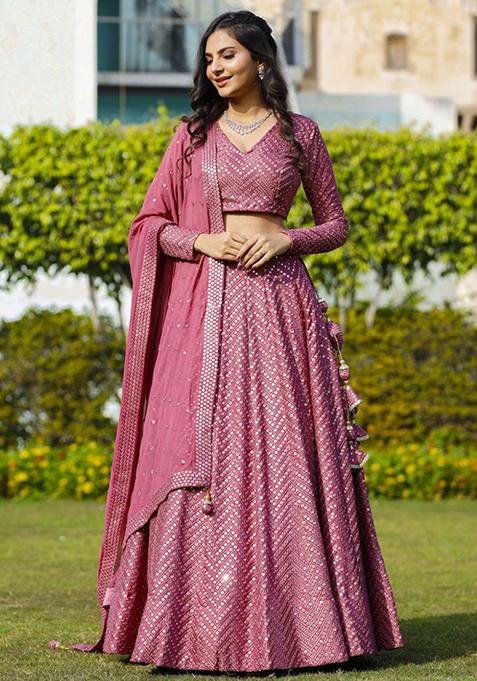Metallic Pink Sequin Thread Embroidered Georgette Lehenga Set
