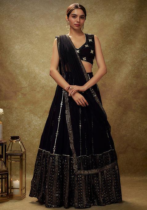 Black Sequin Zari Embroidered Georgette Lehenga Set
