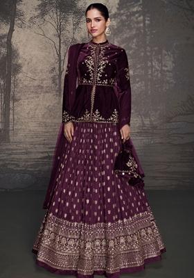 Purple Embroidered Velvet Lehenga Set