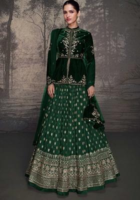 Green Embroidered Velvet Lehenga Set