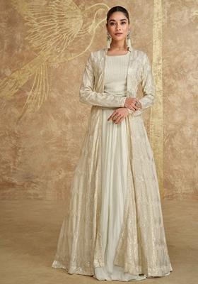 Off White Embroidered Georgette Lehenga Set