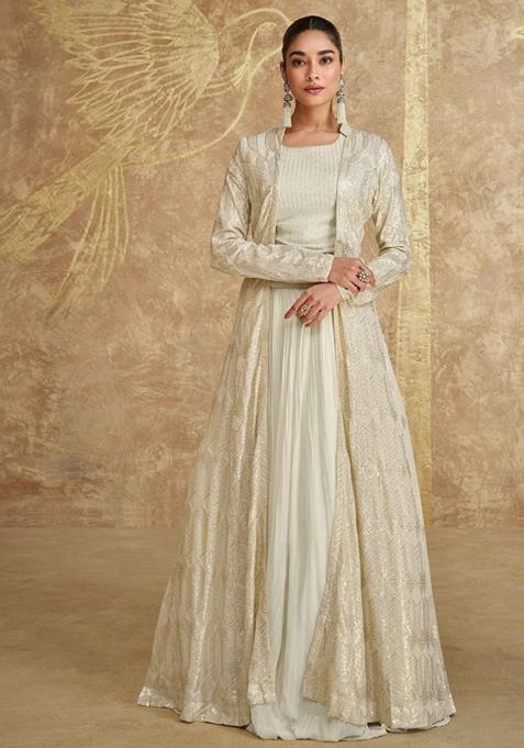 Off White Embroidered Georgette Lehenga Set