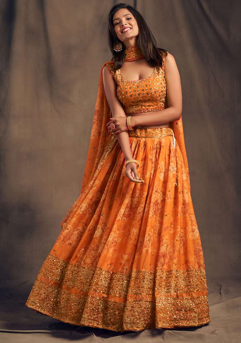Orange Embroidered Organza Lehenga Set for Diwali and Festive Wear - Indya