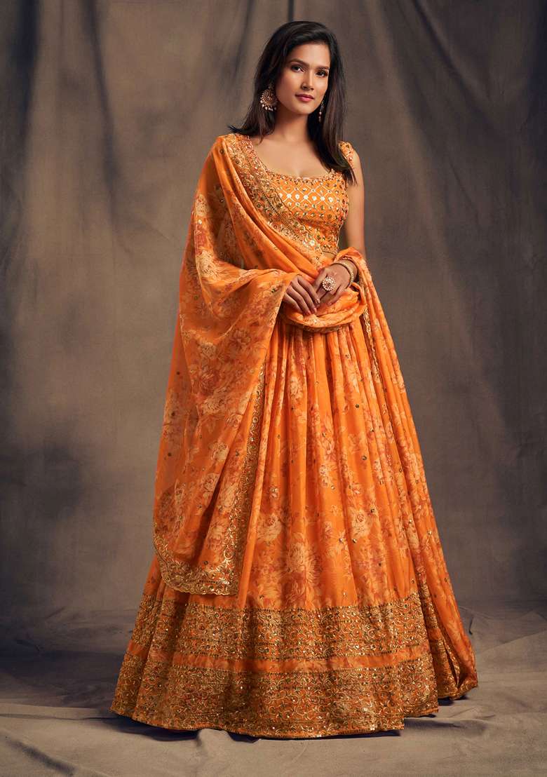 Orange Embroidered Organza Lehenga Set for Diwali and Festive Wear - Indya