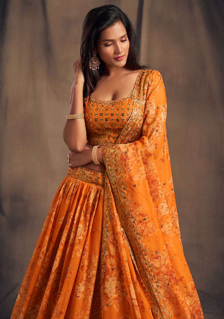 Orange Embroidered Organza Lehenga Set for Diwali and Festive Wear - Indya