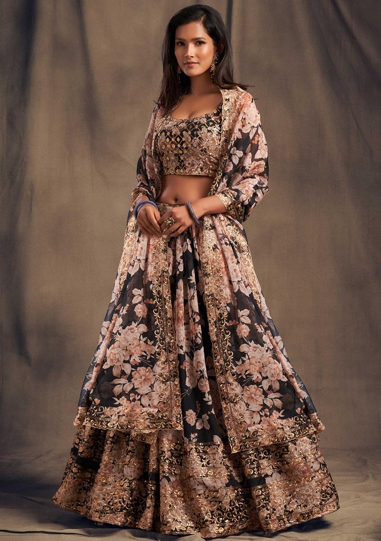 Black Embroidered Organza Lehenga Set - Indya