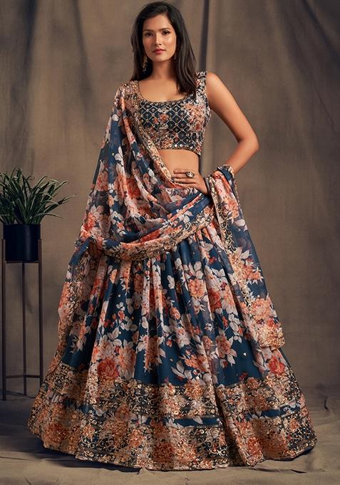 Blue Embroidered Organza Lehenga Set