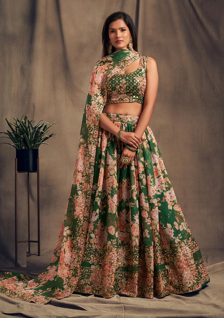Green Embroidered Organza Lehenga Set