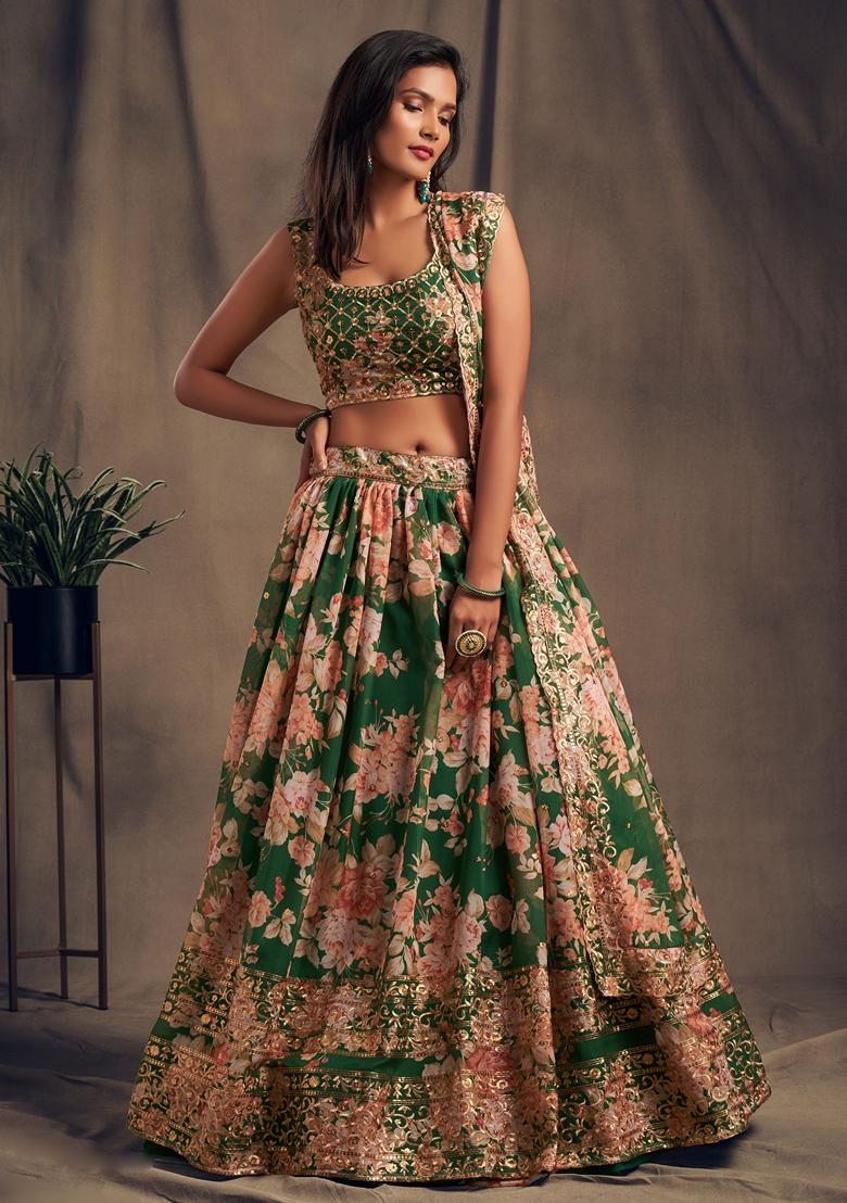 Green Embroidered Organza Lehenga Set