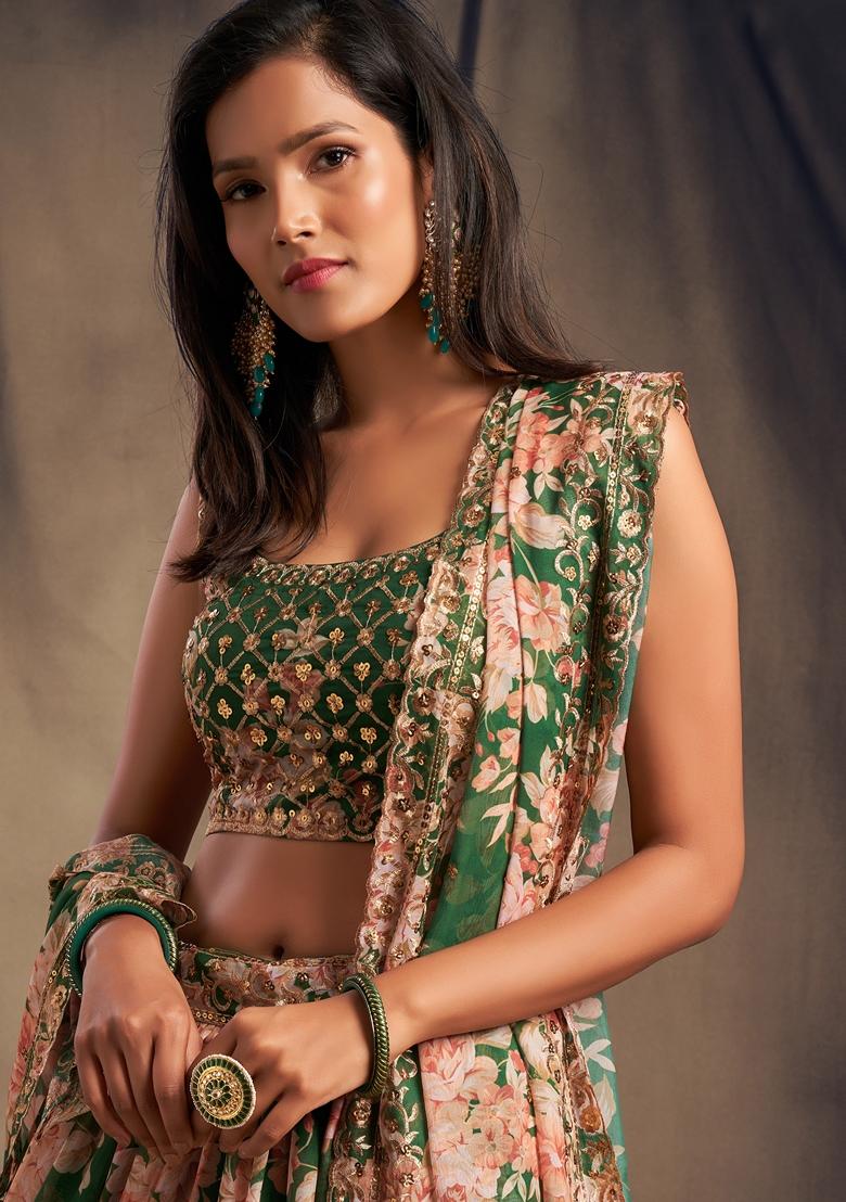 Green Embroidered Organza Lehenga Set