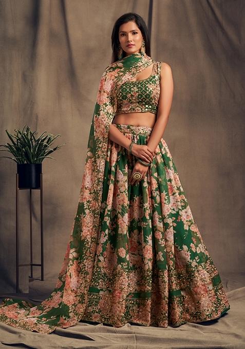 Green Embroidered Organza Lehenga Set
