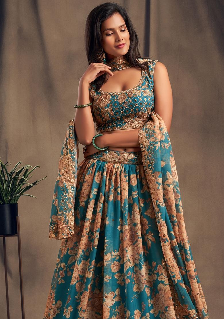 Blue Embroidered Organza Lehenga Set - Indya