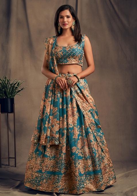 Blue Embroidered Organza Lehenga Set