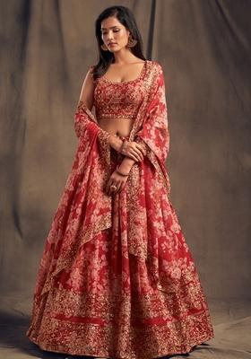 Red Embroidered Organza Lehenga Set