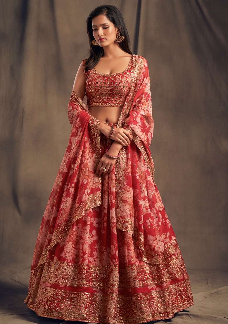Red Embroidered Organza Lehenga Set for Diwali and Festive Wear - Indya