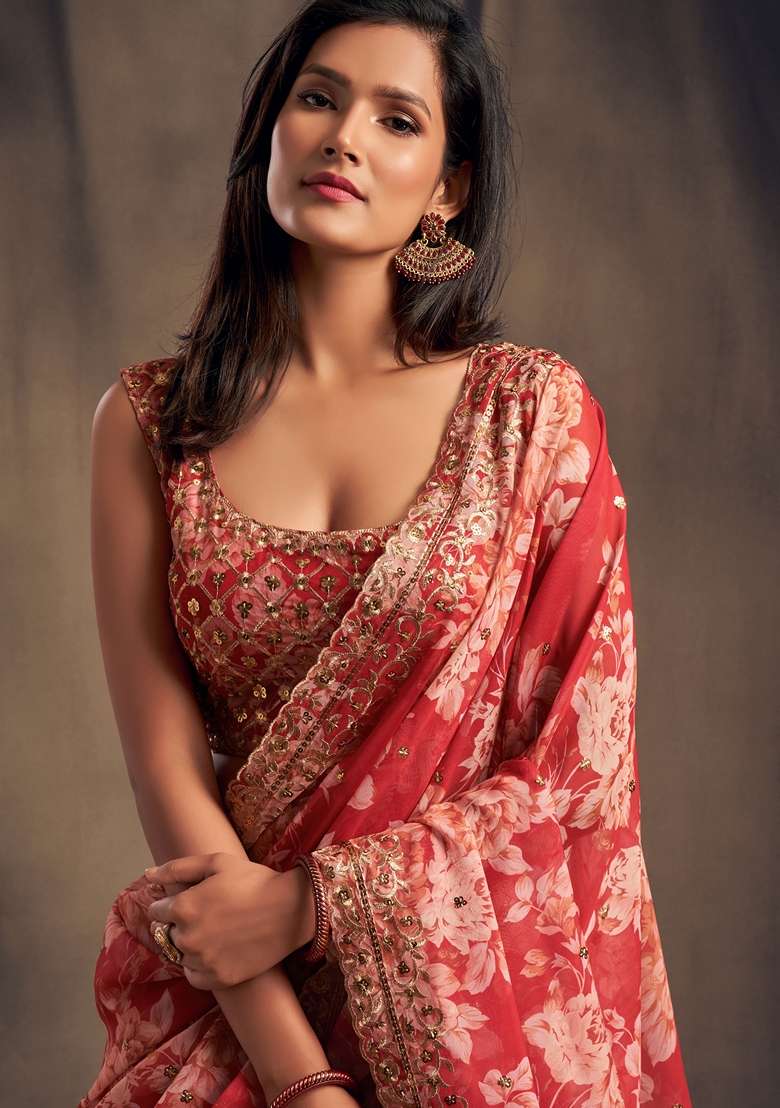 Red Embroidered Organza Lehenga Set for Diwali and Festive Wear - Indya