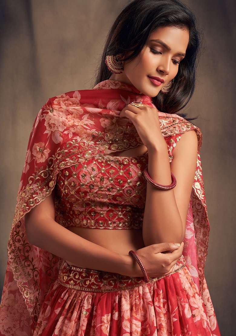 Red Embroidered Organza Lehenga Set for Diwali and Festive Wear - Indya