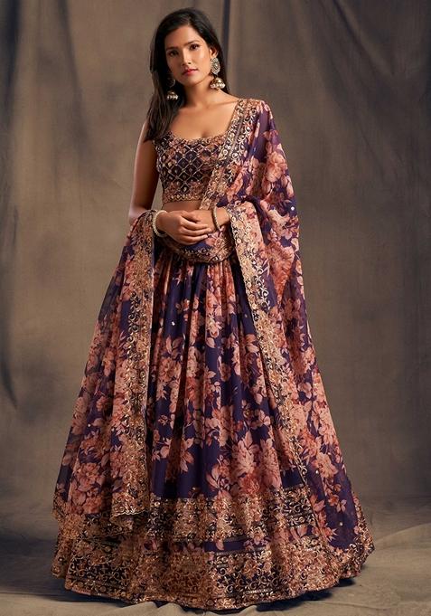 Blue Embroidered Organza Lehenga Set