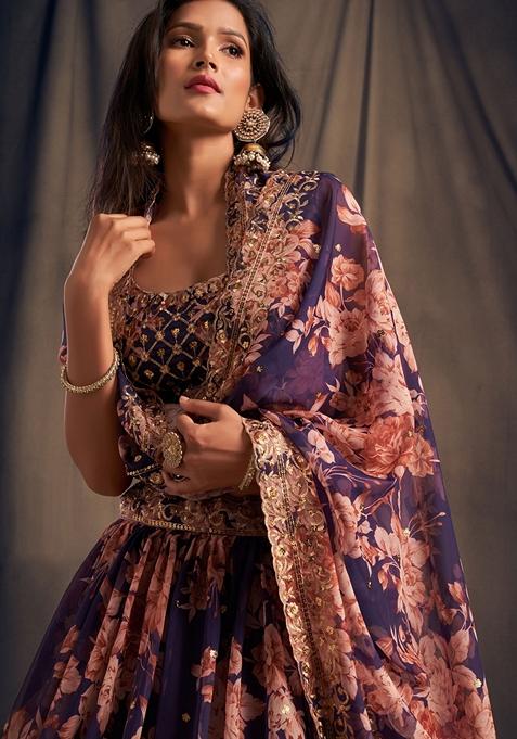 Blue Embroidered Organza Lehenga Set