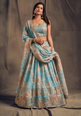 Sky Blue Embroidered Organza Lehenga Set