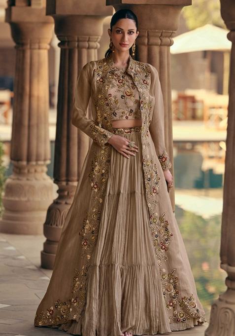 Fawn Embroidered Chinon Silk Lehenga Set