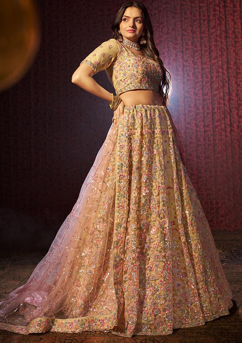 Beige Sequin Embroidered Net Lehenga Set