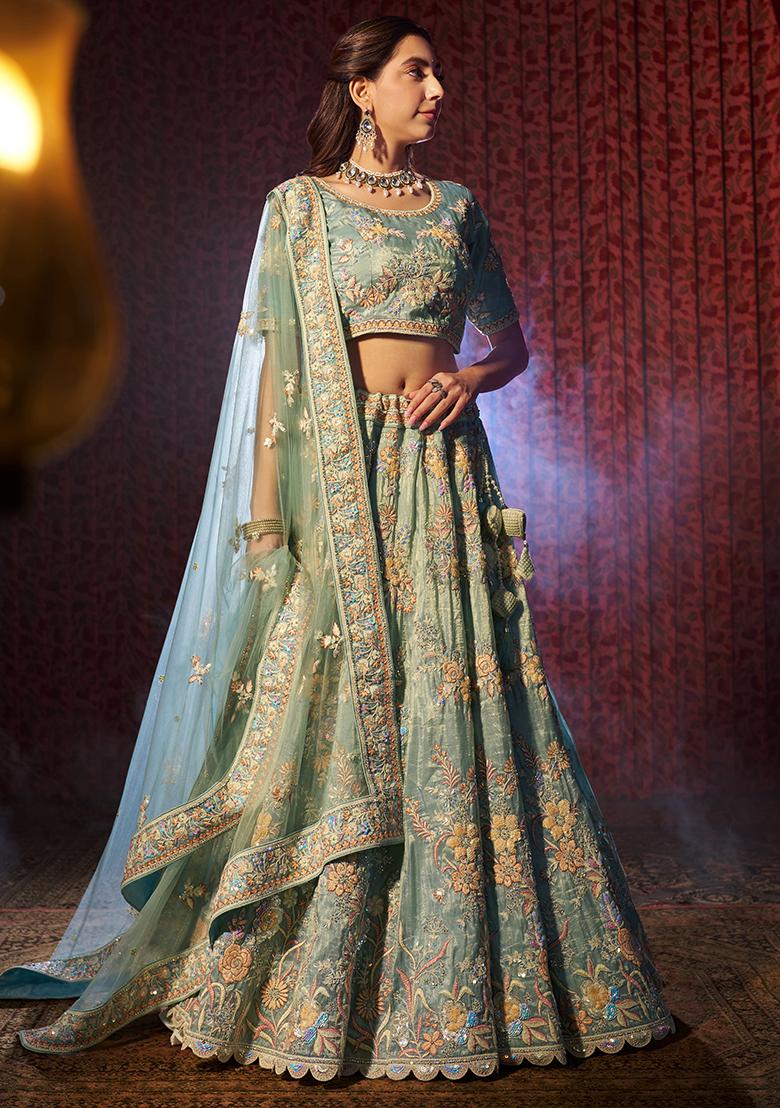 Turquoise Sequin Embroidered Organza Lehenga Set