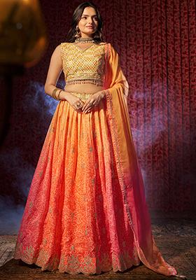 Orange Embroidered Art Silk Lehenga Set