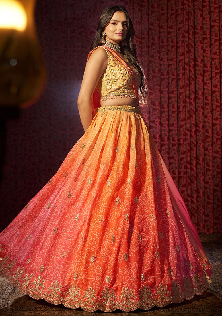 Orange Embroidered Art Silk Lehenga Set